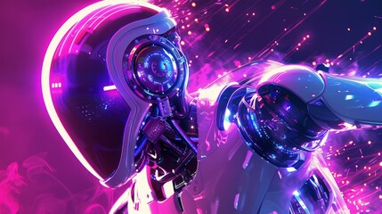 Fototapeta premium Futuristic robot in vibrant neon lights, representing advanced AI, technology, and futuristic innovation in a vividly colorful background.