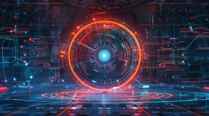 Obraz premium Futuristic digital interface with circular elements and glowing holographic visuals, perfect for tech and sci-fi projects.
