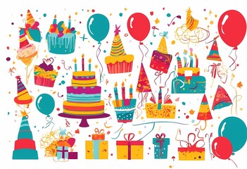 happy birthday party elements design illustration 2d globes ballons and cake