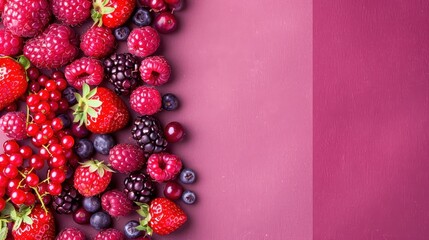Assorted berries including strawberries, raspberries, blackberries, redcurrants and blueberries on a dual tone pink background. Perfect for healthy eating or summer fruit content.