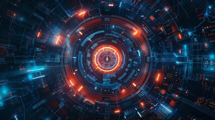 Futuristic digital interface with glowing blue and red lights, depicting high-tech technology and cyber concepts.