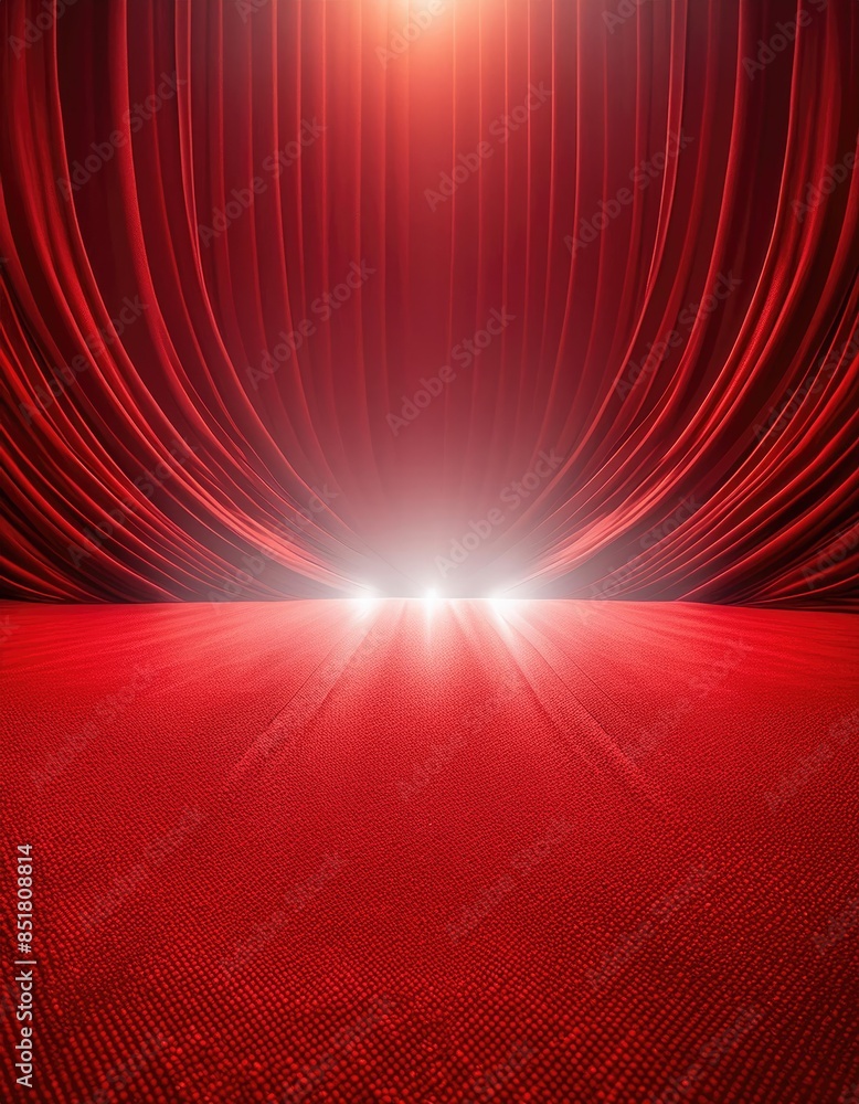 Poster red background with a light color gradient and rays shining from bottom to top, a red fabric