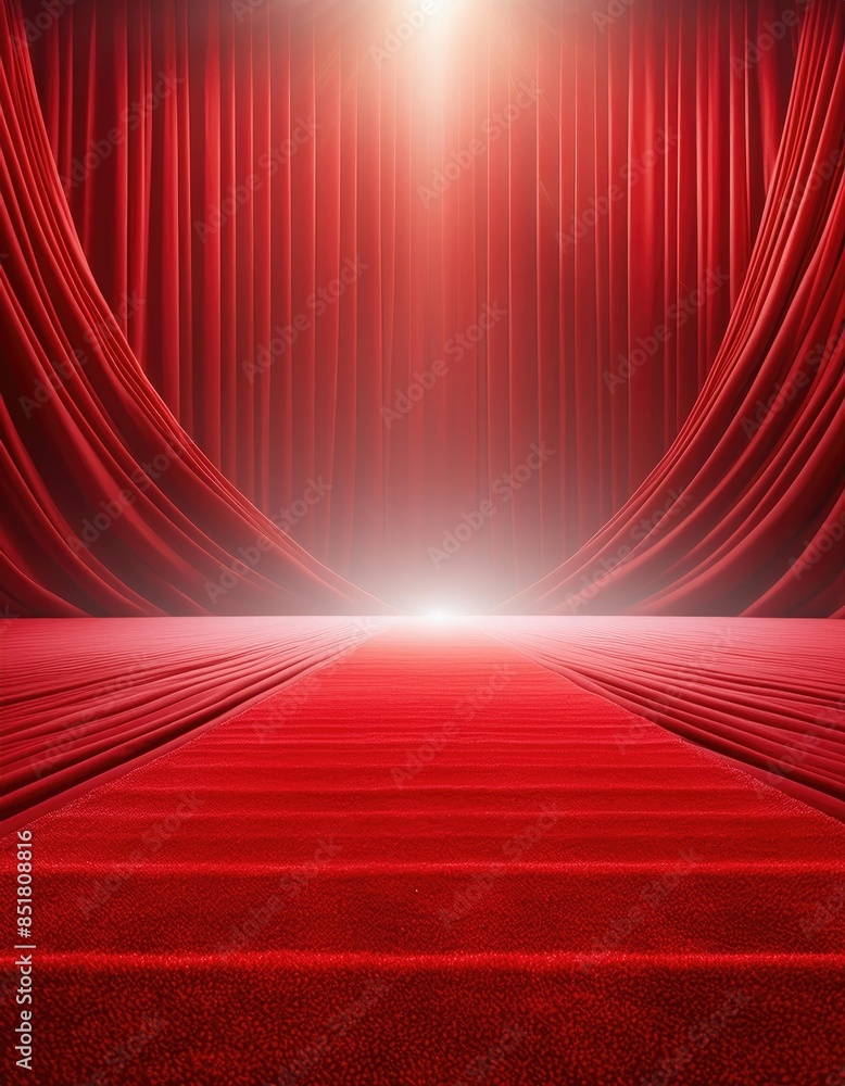 Poster red background with a light color gradient and rays shining from bottom to top, a red fabric