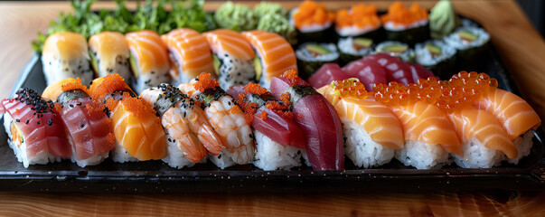 A sushi platter with colorful sashimi, nigiri, and maki rolls, arranged artfully on a black plate.