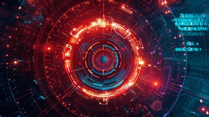 Obraz premium Futuristic digital interface with vibrant red and blue circular elements, representing advanced technology and data visualization.