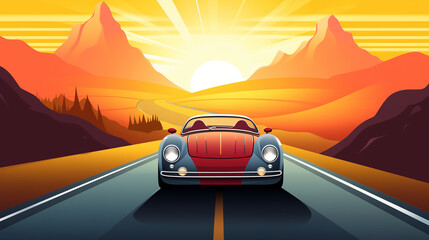 Naklejka premium Illustration in a cartoon style depicting a Convertible is driving on a mountain road 