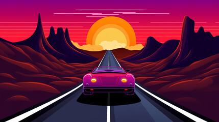 Illustration in a cartoon style depicting a Convertible is driving on a mountain road
