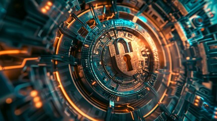 Futuristic digital lock concept with glowing circuits and intricate technology, representing cybersecurity and data protection.