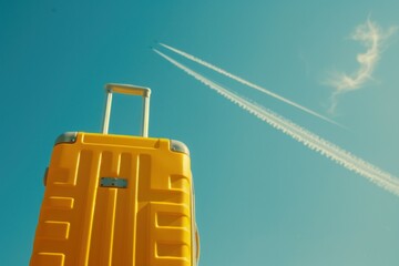 Travel suitcase with contrail in sky and commercial plane flying in background for travel and airline industry concepts