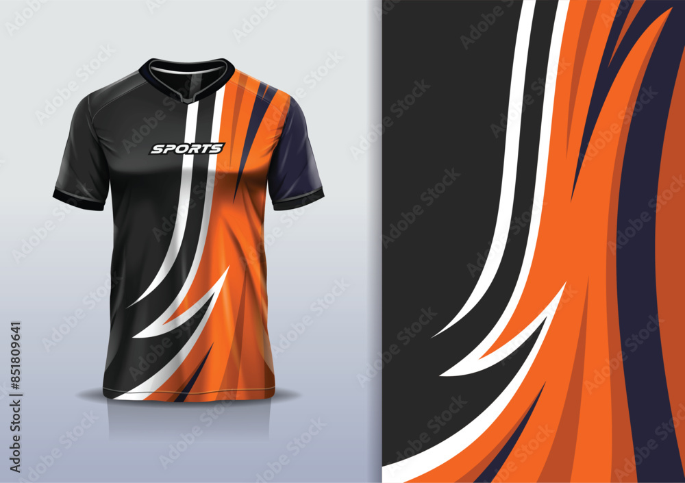 Wall mural Sport jersey template mockup curve wave design for football soccer, racing, running, e sports, orange black color - Wall murals