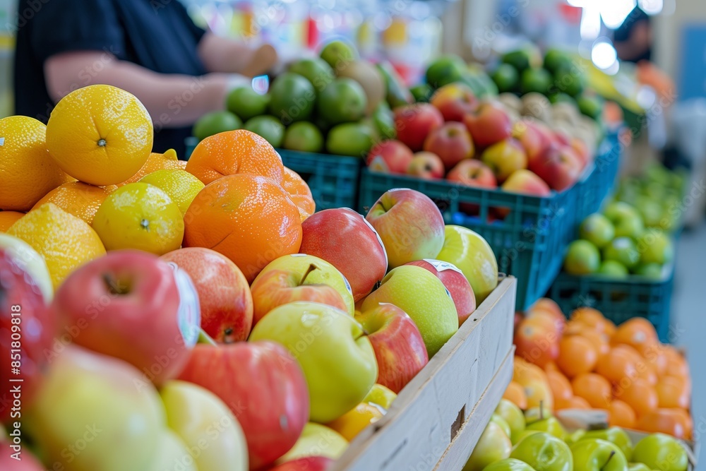 Aufkleber fresh fruit stall at fair with bright colors oranges, apples and lemons in wooden crates