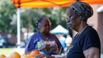 Woman at a booth at a community health fair offers free advice on fitness and nutrition