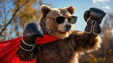 A bear wearing black sunglasses and a red cape, striking a victory pose with its boxing gloves raised high