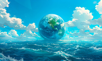 Naklejka premium A digital painting of a giant Earth floating above a blue ocean on a sunny day with white clouds in the sky