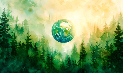 Watercolor painting depicting Earth floating above a lush green forest