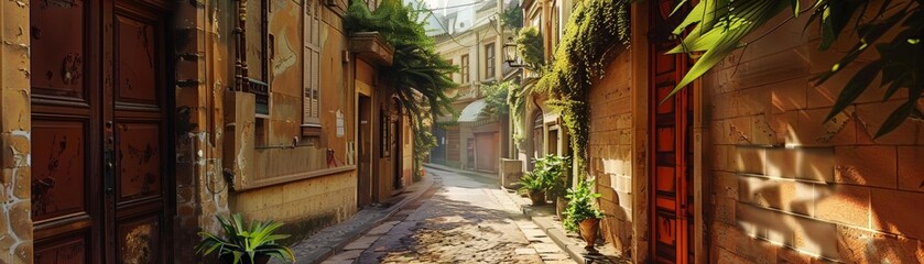Fototapeta premium Narrow historic alley with rustic stone buildings, lush greenery, and warm sunlight. Perfect for travel and architecture photography.
