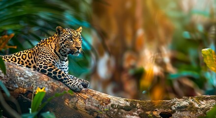 exotic landscape with a leopard perched on a tree trunk in the jungle