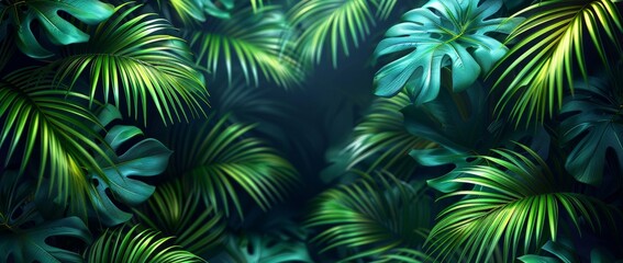 Fresh exotic jungle background with palm fronds and monstera