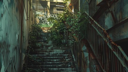 Overgrown urban staircase with graffiti, decay, and greenery, symbolizing urban decay and reclamation by nature in abandoned space.