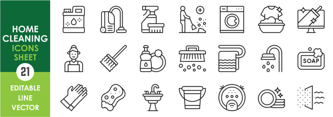 A set of line icons related to home cleaning and hygiene. Clean, bleach, laundry, gloves, dishes, soap, vacuum, liquid and so on. Vector outline icons set.