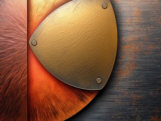 A close-up abstract image of a textured metallic surface featuring copper, bronze, and gold tones with a triangular shield design and rivets, creating an industrial and modern feel.