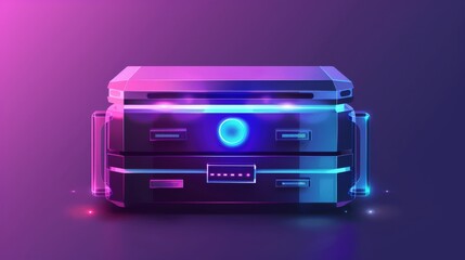 Obraz premium Futuristic digital storage device with vibrant neon lights on a gradient background, representing advanced technology and innovation.