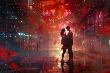 Romantic couple silhouetted in neon-lit rain, surrounded by floating red petals, reflecting intimate mood in urban futuristic setting.