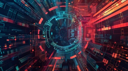Futuristic digital technology background with a vibrant circular interface and neon light effects in a virtual data space.