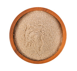 Finely ground white pepper in wood bowl on transparent png top view
