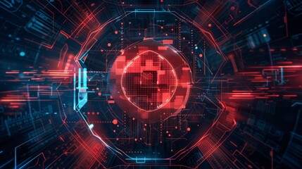Futuristic digital technology interface background with glowing elements and intricate patterns in red and blue hues.