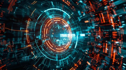 Futuristic digital technology interface with glowing neon lights, showcasing advanced data visualization and high-tech virtual reality elements.