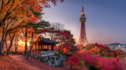 Seoul's Tower and Pavilion Amidst Vibrant Fall Foliage