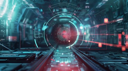 Fototapeta premium Futuristic digital tunnel with glowing lights and high-tech design, perfect for technology and innovation themes in modern visual projects.