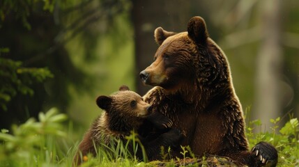 Fototapeta premium A mother bear nurturing her cub, demonstrating the bond and protective nature of parenthood in the wild.
