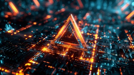 Futuristic glowing circuit board with a blue, orange neon triangle, representing advanced technology innovation in digital design.