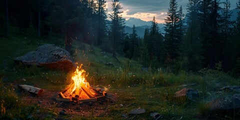 Campfire burning in the middle of the forest at night.