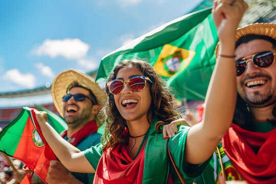 A vibrant photo of Portuguese football fans with green and red flags, cheering and celebrating a match win in the stadium