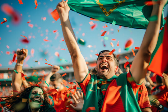 A vibrant photo of Portuguese football fans with green and red flags, cheering and celebrating a match win in the stadium