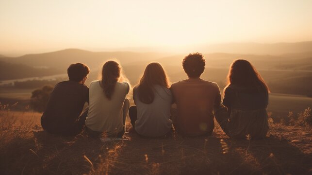 Group of young friends sitting and talking joyfully