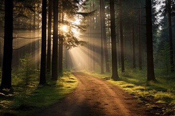 Obraz premium Beautiful morning scene in the forest with sunlight and long shadows. Beautiful. Travel.