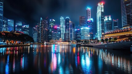 Fototapeta premium Cityscape at night with illuminated buildings and river reflections 