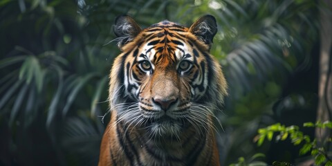 A tiger is staring at you with intense eyes in the jungle.