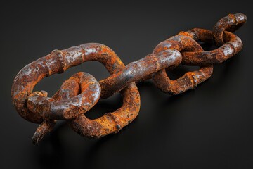 Fototapeta premium A chain is shown in a close up. The chain is rusted and old
