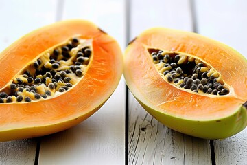 Fresh and vibrant papaya halves showing juicy orange flesh and numerous black seeds, placed on a rustic white wooden surface.