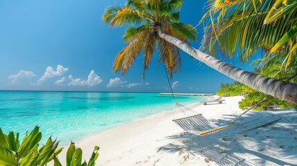 Fototapeta premium Tropical paradise hammock on palm tree overlooking turquoise waters for relaxation