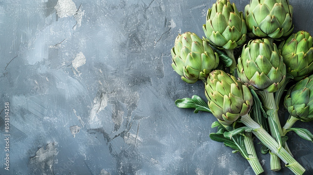 Poster Fresh green artichokes arranged on a textured grey marble background, highlighting their natural beauty. Perfect for culinary and agricultural themes.