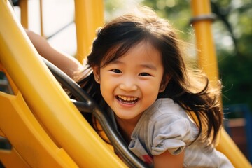 Young Asian girl happily having fun at the playground