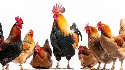 Fototapeta premium A rooster crowing while hens peck around, all on a stark white background, emphasizing their vibrant details.