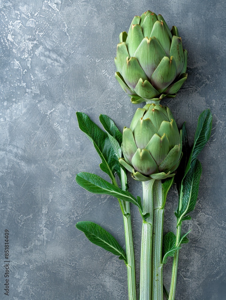 Wall mural Cluster of artichokes with leaves, set against a rustic grey surface. Suitable for topics on healthy eating, farming, and organic produce. ​