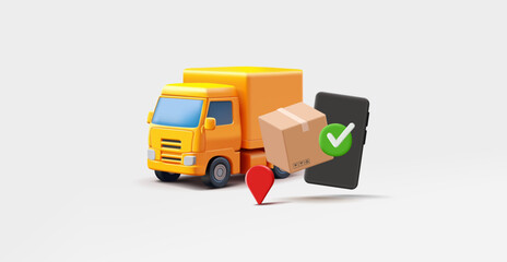 Delivery of goods, mobile applications, truck, boxes, smartphone, navigation icon, 3D. For logistics design concepts. Vector